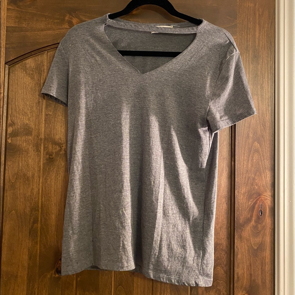 Grey V-Cutout Round Neck Tee